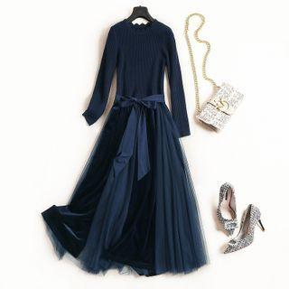 Long-sleeve Tie-waist Mesh Panel Maxi A-line Dress