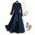 Long-sleeve Tie-waist Mesh Panel Maxi A-line Dress