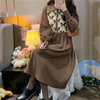 Long-sleeve Collared Jacquard Knit Midi A-line Dress