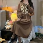 Long-sleeve Collared Jacquard Knit Midi A-line Dress