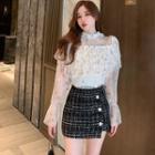 Bell-sleeve Star Print Mesh Top / Mini Tweed Skirt