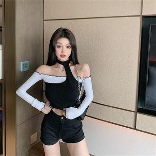 Mock Two Piece Long-sleeve Cutout Cropped Top Black & White - One Size