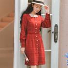 Plaid Long-sleeve Square Neck A-line Dress