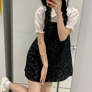 Puff-sleeve Plain Blouse / Floral Overall Dress