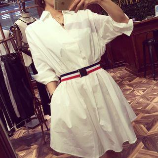 Set: Long-sleeve Shirtdress + Belt White - One Size