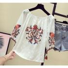 Flower Embroidered Elbow-sleeve T-shirt White - One Size
