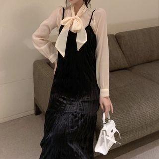 Set: Tie-neck Blouse + Sleeveless Plain Dress
