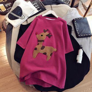 Short-sleeve Reindeer Applique T-shirt