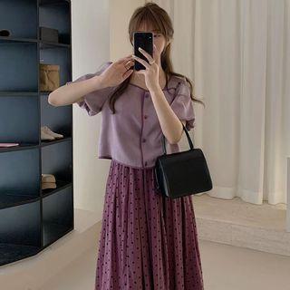 Short-sleeve Square Neck Blouse / Polka Dot A-line Midi Skirt