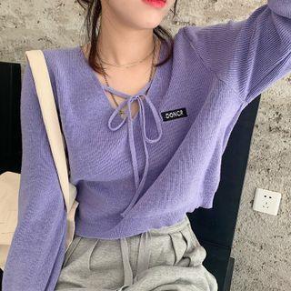 Long-sleeve Lettering Embroidered Cropped Knit Top