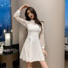 Long-sleeve Lace Panel Mini Qipao Dress