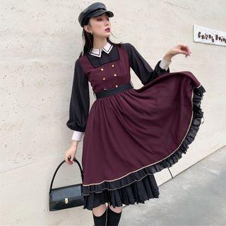 Mock Two Piece Paneled Midi Shirtdress / Embroidered Cape / Set