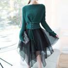 Set: Lace-up Knit Top + Mesh Panel Sleeveless Dress