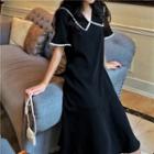 Elbow-sleeve Collared Midi A-line Dress Black - One Size