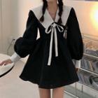 Long-sleeve Wide-collar Bow Mini A-line Dress