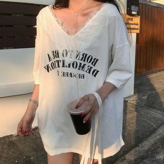 Lettering Lace Trim Elbow-sleeve T-shirt