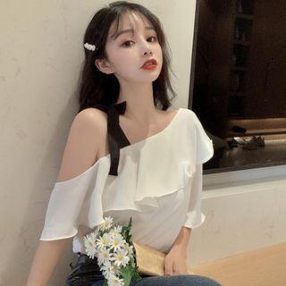 Cold-shoulder Ruffled Elbow-sleeve Chiffon Blouse