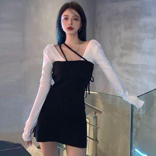 Long-sleeve Off-shoulder Top / Spaghetti Strap Cutout Mini Sheath Dress