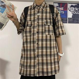 Front Pocket Plaid Short-sleeve Shirt