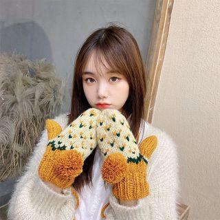 Floral Print Pom Pom Knit Gloves