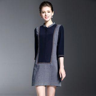 Embroidered Trim Elbow Sleeve Panel Dress
