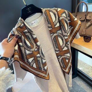 Printed Satin Scarf White & Coffee - One Size