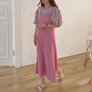 Puff-sleeve Floral Print Top / Spaghetti Strap Dress