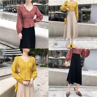 Dot V-neck Long-sleeve Slim-fit Blouse / Pleated Skirt