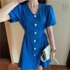 Puff-sleeve Single-breasted Slim-fit Dress