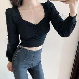 Balloon-sleeve Shirred Cropped Top