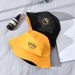 Embroidered Smiley Lettering Bucket Hat Double Sided - Black + Yellow - One Size
