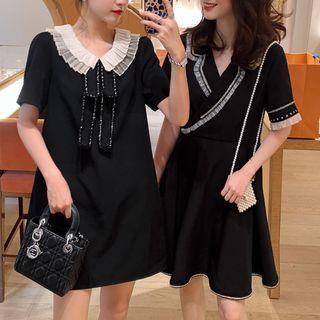 Short-sleeve Mesh Trim Mini A-line Dress