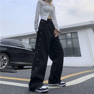 Side Button Straight Leg Jeans