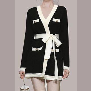 Long-sleeve Two-tone Sashed Knit Mini Dress Black - One Size