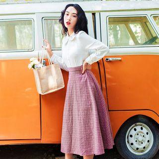 Plaid Panel Long-sleeve Midi A-line Dress