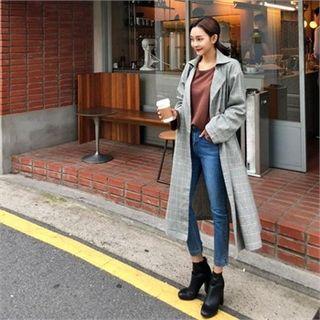 Glen-plaid Midi Trench Coat With Sash Black - One Size