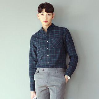 Mandarin-collar Long-sleeve Check Shirt