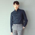 Mandarin-collar Long-sleeve Check Shirt