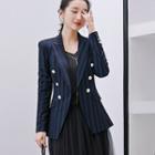 Double-breasted Striped Blazer / Midi A-line Mesh Skirt