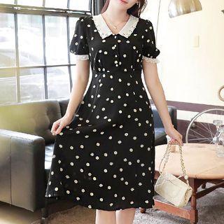 Lace-trim Daisy-pattern Midi Dress Black - One Size