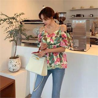 Off-shoulder Floral Print Top Pink & Green - One Size
