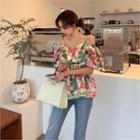 Off-shoulder Floral Print Top Pink & Green - One Size