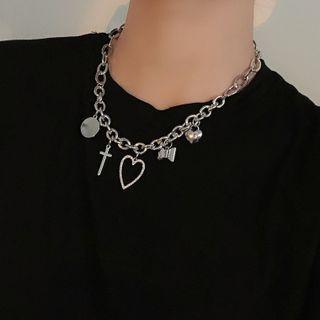 Heart & Cross Pendant Alloy Necklace 1 Pc - Silver - One Size