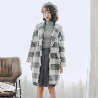Single-button Gingham Woolen Coat