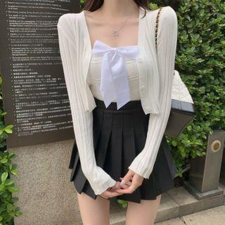 Plain Cardigan / Bow Tube Top / Pleated Mini Skirt