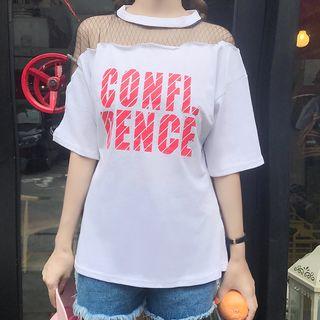 Lettering Short-sleeve Mesh Panel T-shirt