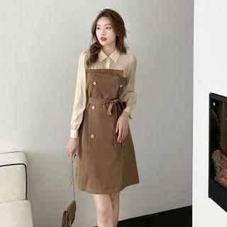 Mock Two-piece Tie-waist Mini A-line Shirtdress