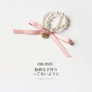 Ribbon Faux Pearl Hair Tie 02# - Pink - One Size