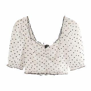 Puff-sleeve Heart Print Crop Blouse
