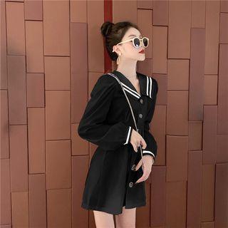 Long-sleeve Striped Trim Buttoned A-line Mini Dress